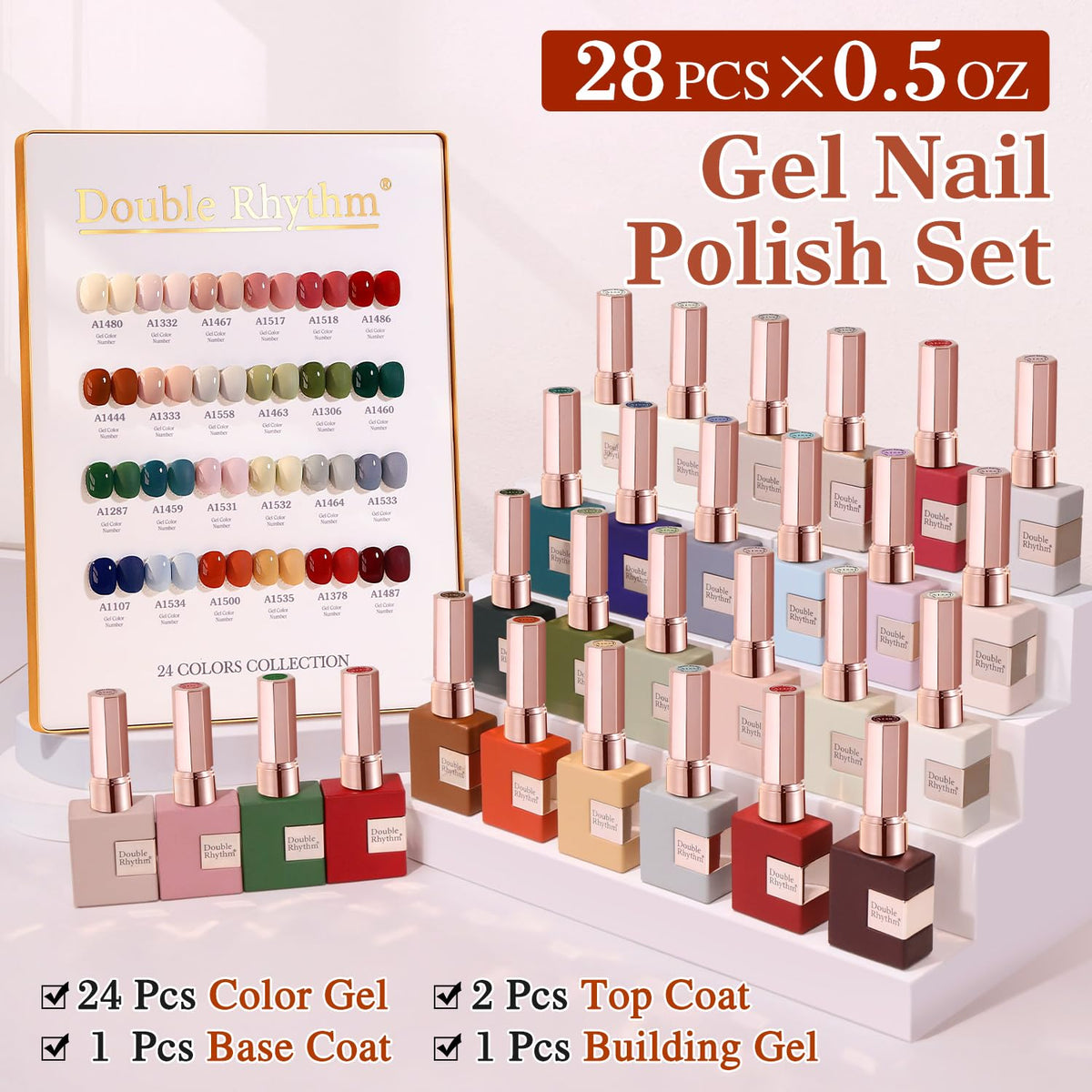 Double Rhythm open kit layout displaying 24 color bottles and accessory gels neatly