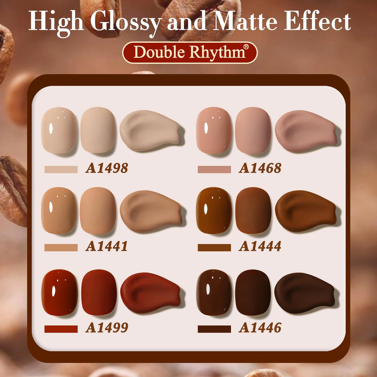 Double Rhythm swatch fan with shades comparing coffee brown, nude, red, beige, pink benefits