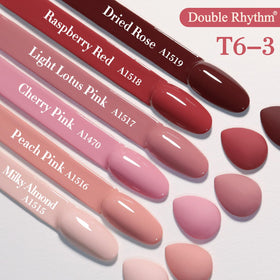 Double Rhythm swatch fan of six shades demonstrating color variety and opacity