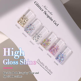 Double Rhythm glitter gel texture close-up revealing smooth reflective particles for glossy finish