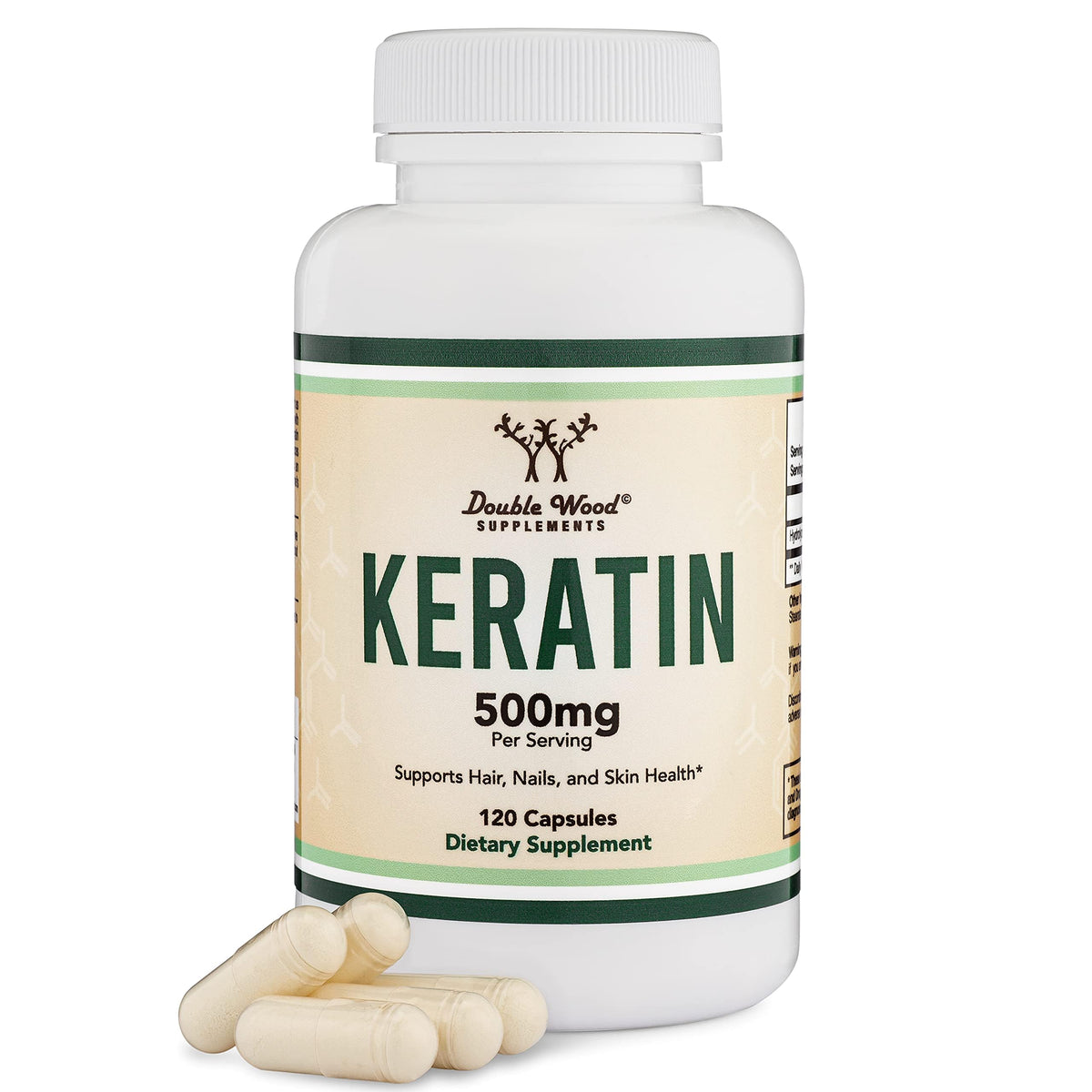 Double Wood bottle front view showing label and 120-pill count, supports hair strength