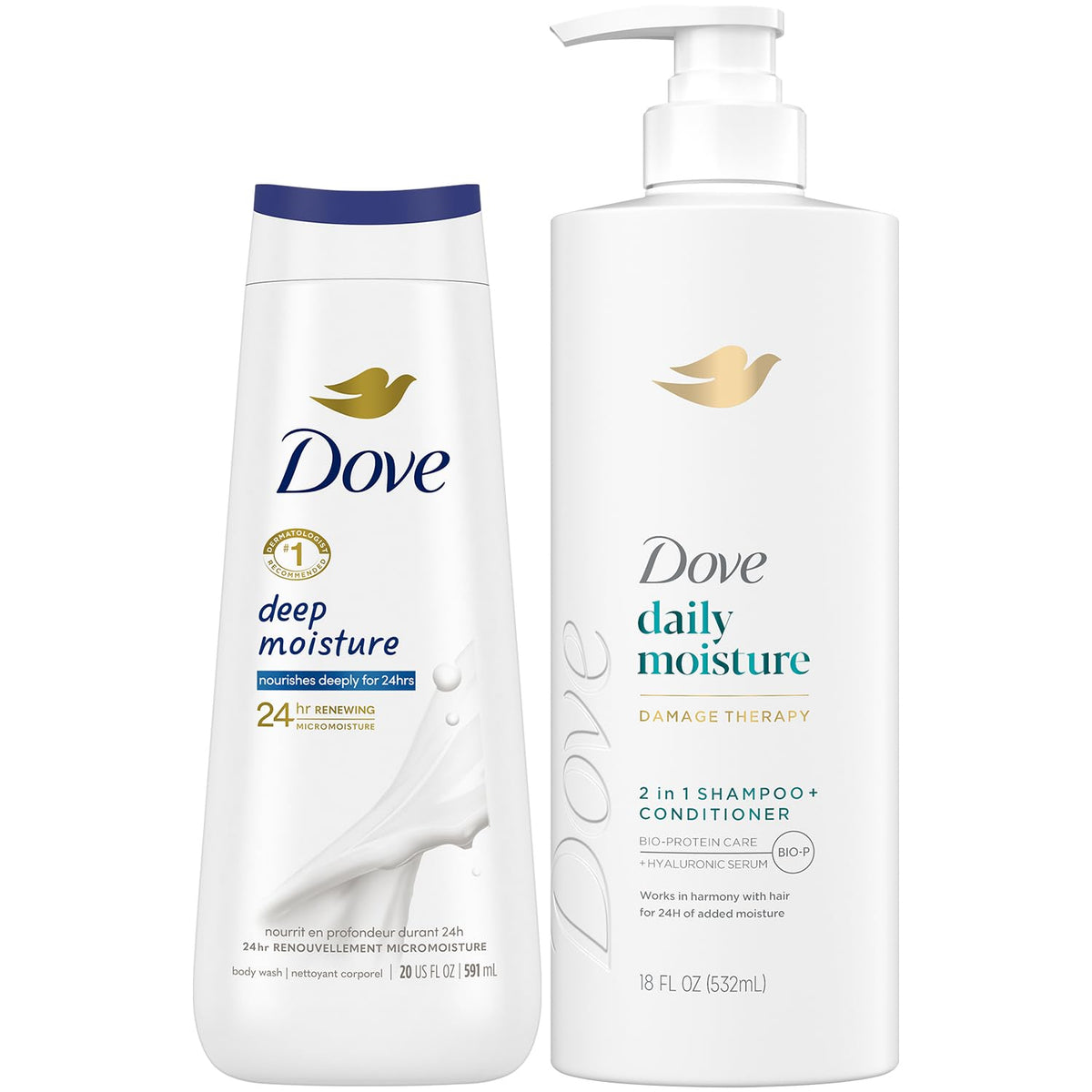Dove 2-in-1 front label showing product benefits and fast routine