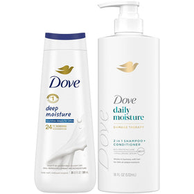Dove 2-in-1 front label showing product benefits and fast routine