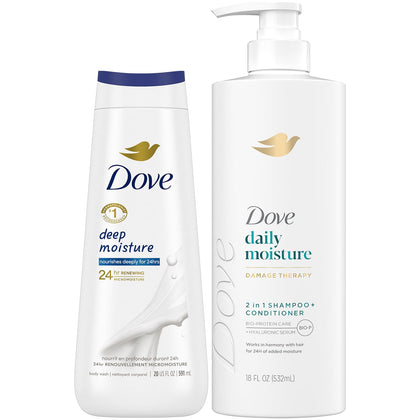 Dove 2-in-1 front label showing product benefits and fast routine