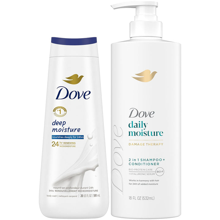 Dove 2-in-1 front label showing product benefits and fast routine