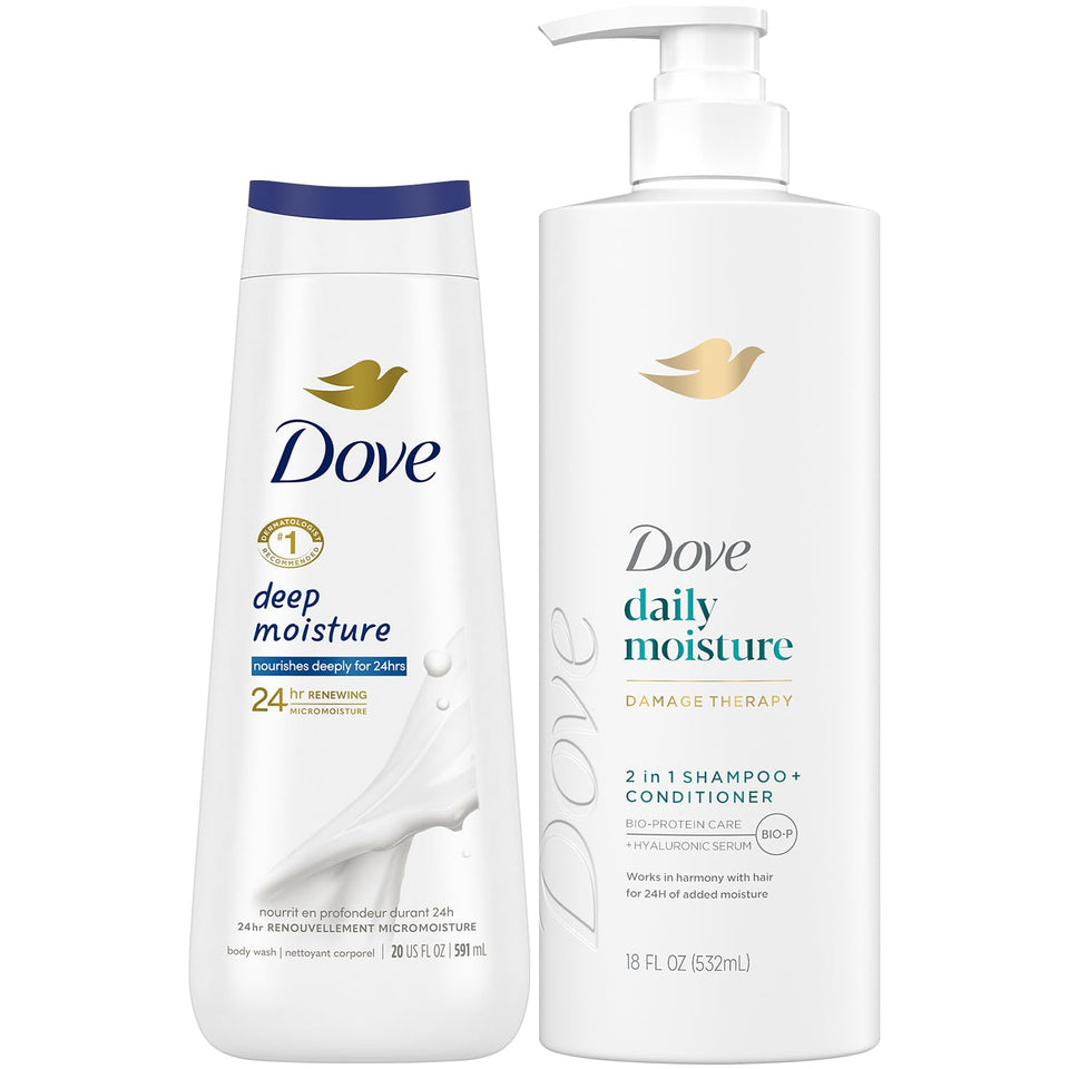 Dove 2-in-1 front label showing product benefits and fast routine