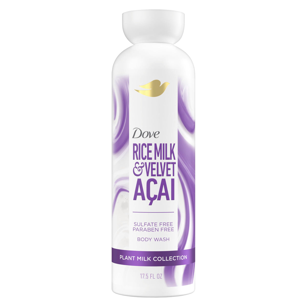 Dove bottle front view showing acai and rice milk fragrance and softening benefit