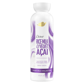 Dove bottle front view showing acai and rice milk fragrance and softening benefit