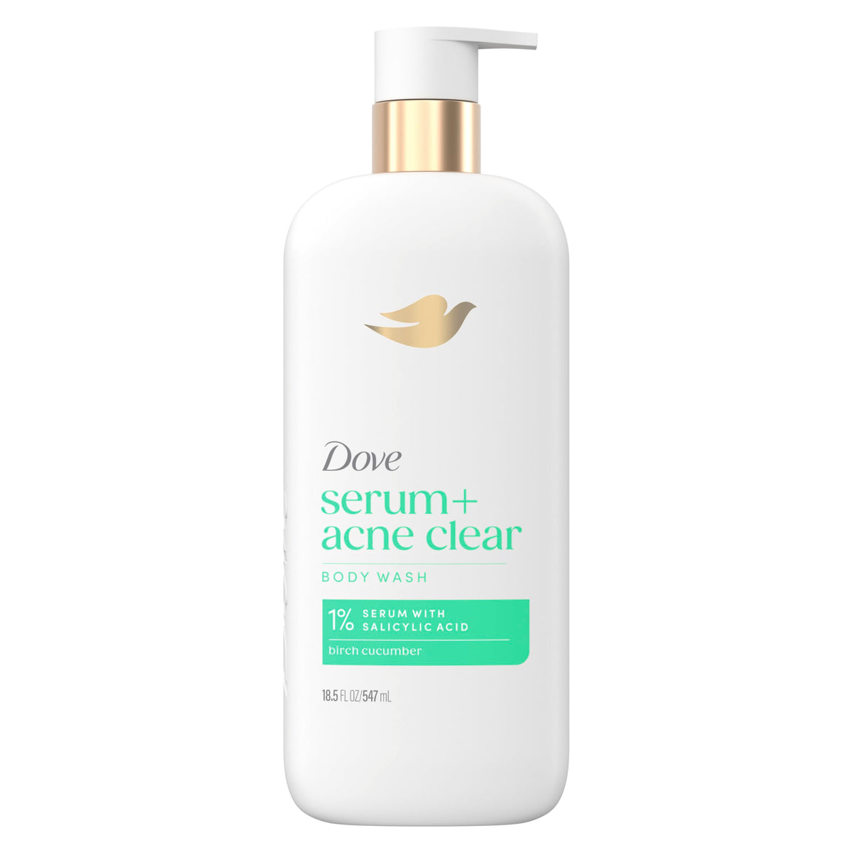 Dove bottle front packaging showing acne clear label and nozzle for easy dispensing