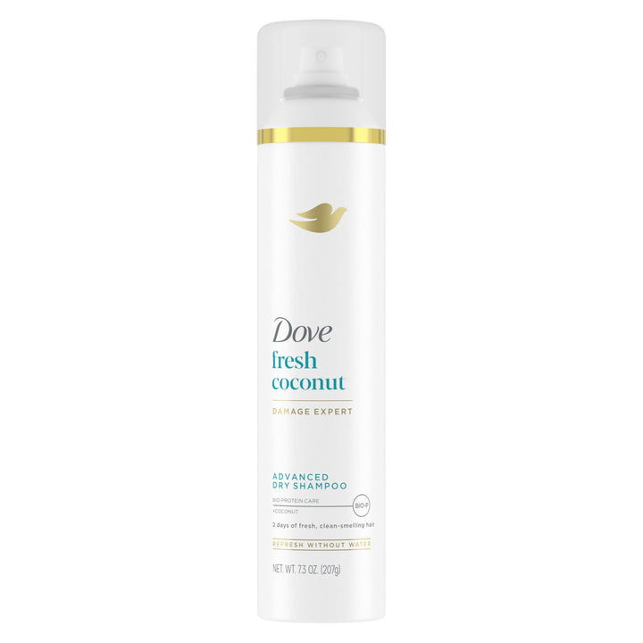 Dove advanced dry shampoo front packaging shows can and coconut scent benefit