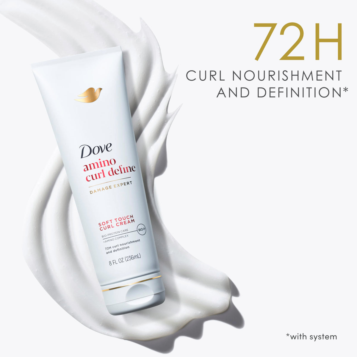 Dove Amino Curl cream dispensed on hand demonstrating easy spreadability