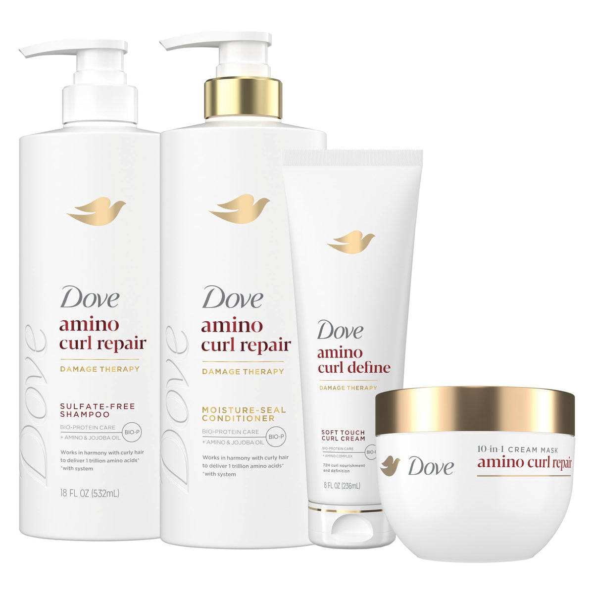 Dove front packaging showing full amino curl regimen and benefits