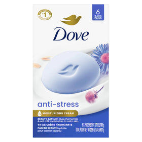 Dove front packaging showing calming blue chamomile scent and moisturizing benefit