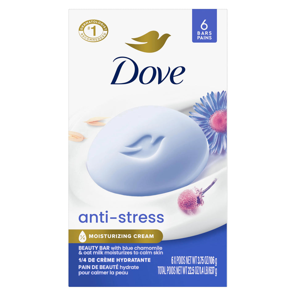Dove front packaging showing calming blue chamomile scent and moisturizing benefit