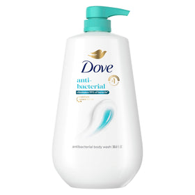 Dove antibacterial body wash front packaging shows large pump and scent