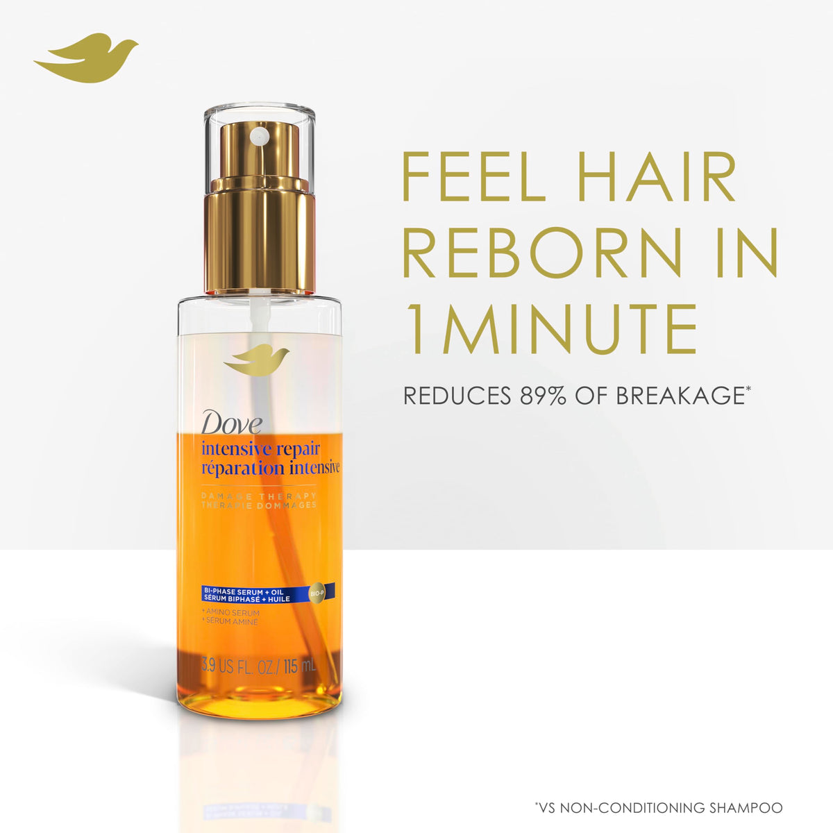 Dove applying serum to mid-lengths to smooth frizz and reduce split ends