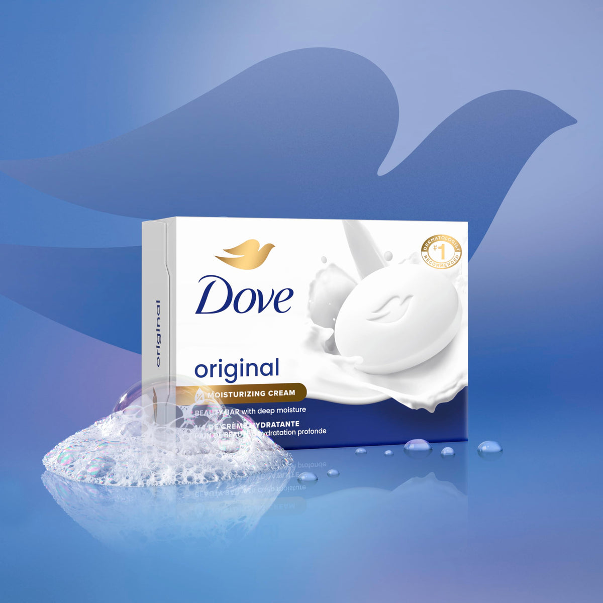 Dove beauty bar placed on bathroom counter suggesting daily use benefit