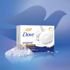 Dove beauty bar placed on bathroom counter suggesting daily use benefit