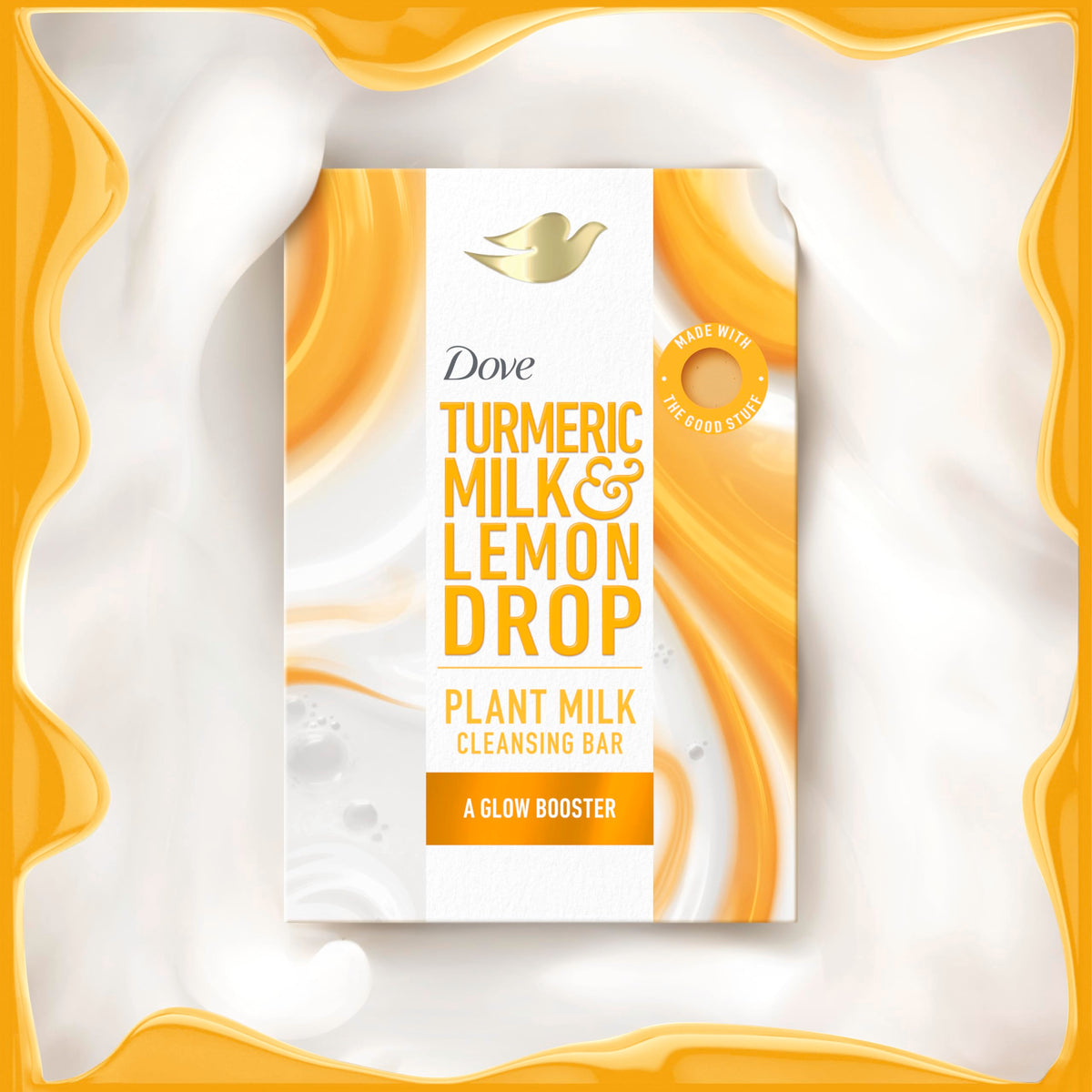 Dove bar in shower with water splash showing refreshing cleanse benefit