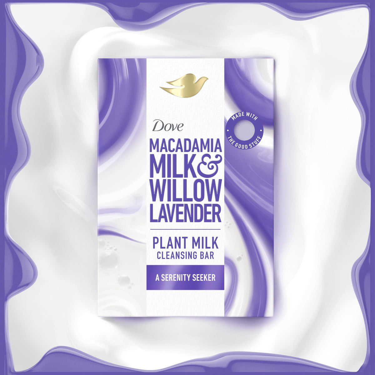 Dove bar lathered on washcloth illustrating creamy milky foam that hydrates skin
