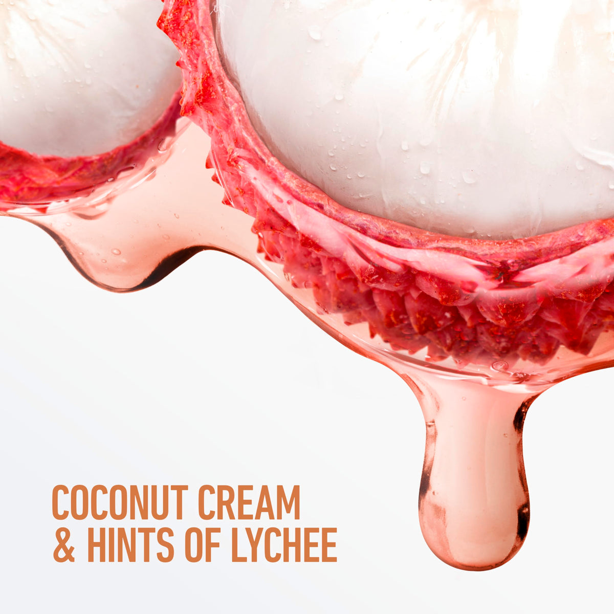Coconut and lychee still life near Dove bar indicating delightful fragrance benefit