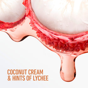 Coconut and lychee still life near Dove bar indicating delightful fragrance benefit