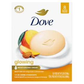 Dove beauty bar front packaging showing glowing mango and almond butters benefit