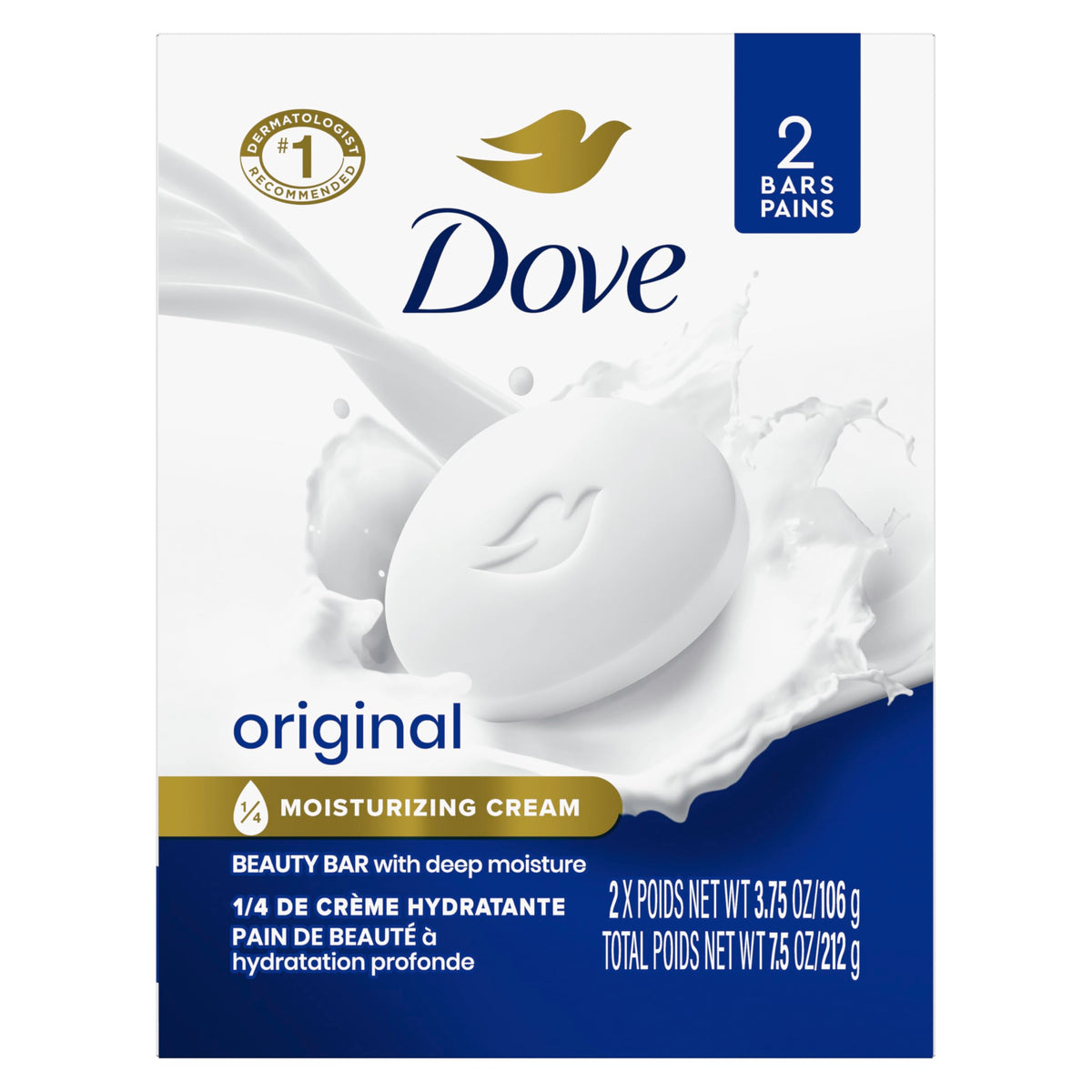 Dove beauty bar front packaging showing brand and moisturizing benefit