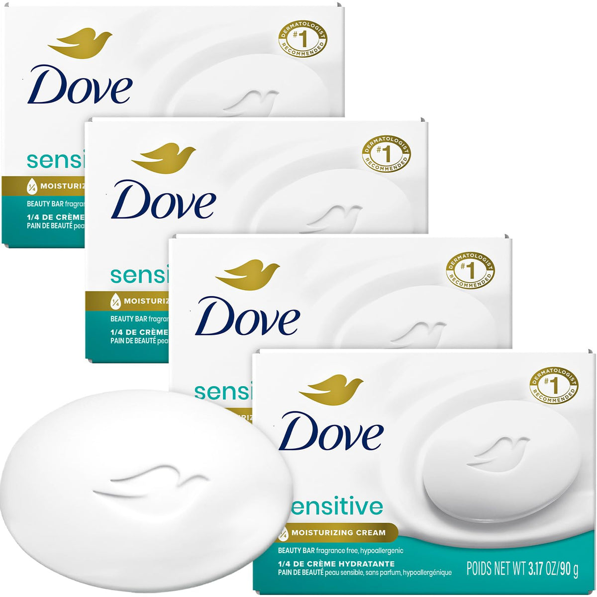 Dove beauty bar front packaging showing four bars and brand clarity benefits