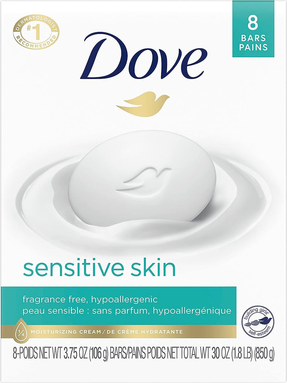 Dove beauty bar front packaging showing unscented gentle formula benefit