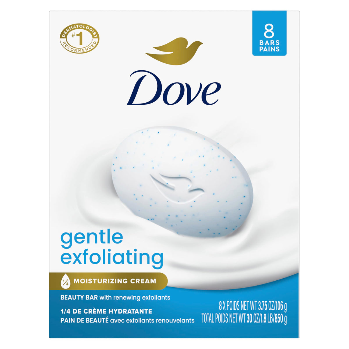 Dove Beauty Bar front packaging showing eight bars for gentle cleansing and moisture