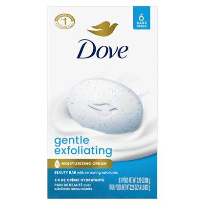 Dove front packaging showing six bars and brand moisturizing benefit