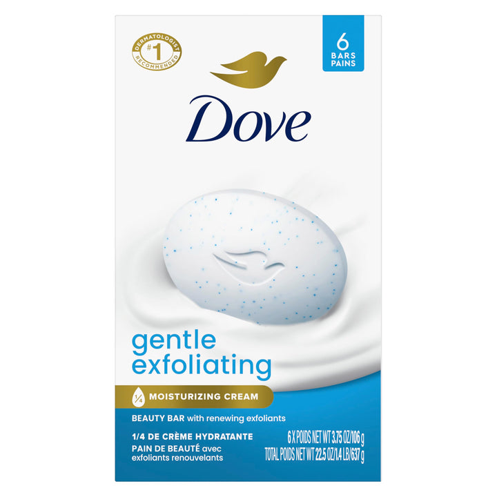 Dove front packaging showing six bars and brand moisturizing benefit