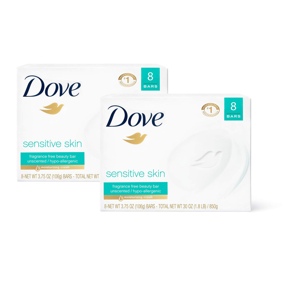 Dove beauty bar front packaging showing brand and unscented label for gentle cleansing