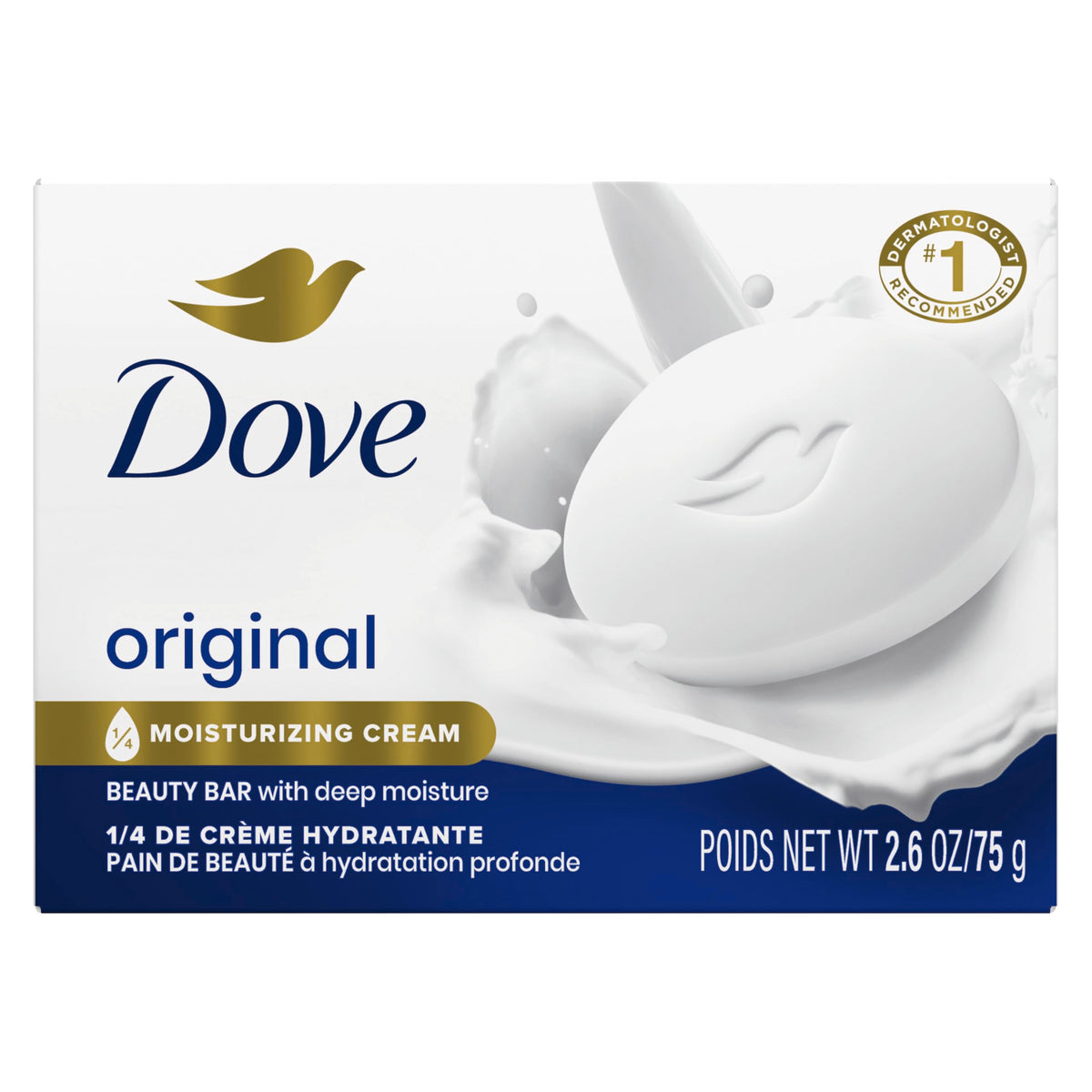 Dove beauty bar original front packaging showing multi-pack convenience and gentle care