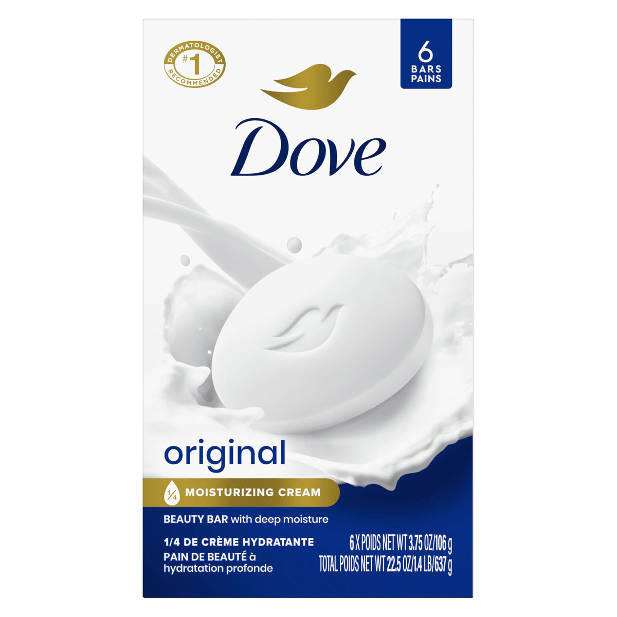 Dove beauty bar front packaging showing six bars and benefits