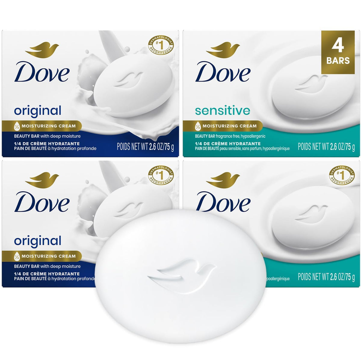 Dove beauty bar pack front showing four bars and benefits