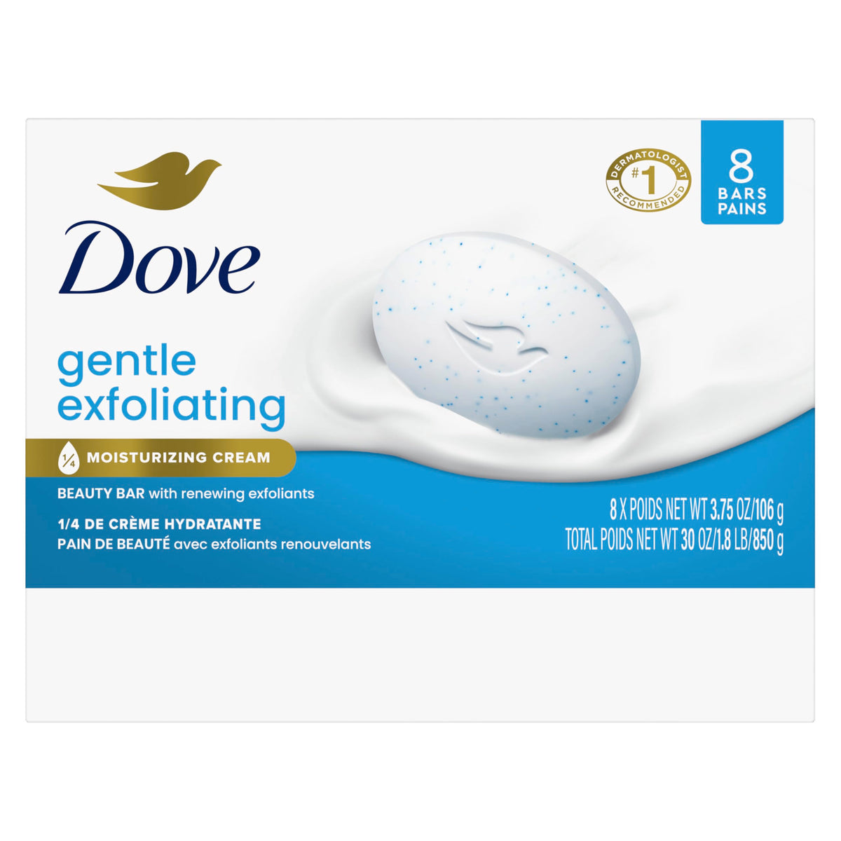 Close-up of a single Dove Beauty Bar highlighting smooth shape and moisturizing cream benefit
