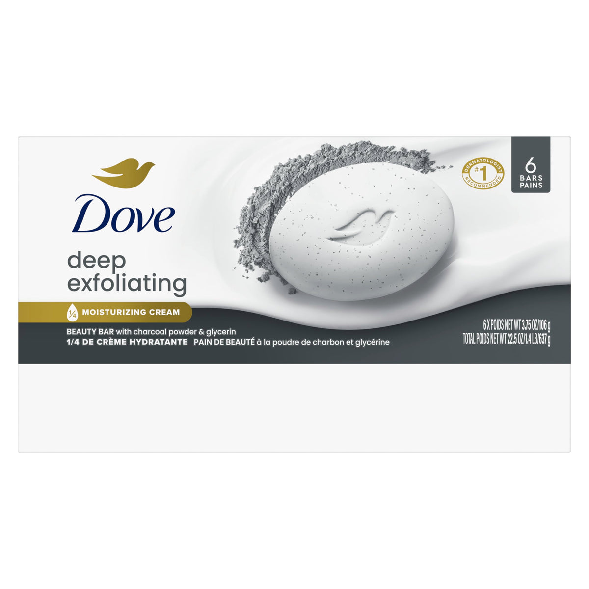 Dove beauty bar texture close-up highlighting charcoal specks and gentle scrub