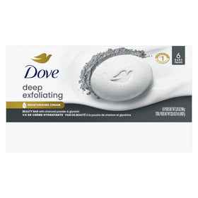 Dove beauty bar texture close-up highlighting charcoal specks and gentle scrub