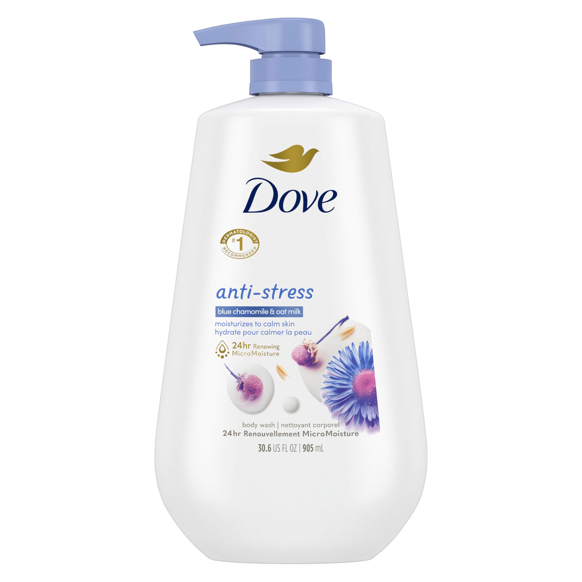Dove front pump bottle showing brand and calming blue chamomile scent for easy dispensing