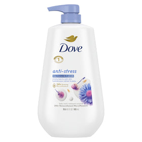 Dove front pump bottle showing brand and calming blue chamomile scent for easy dispensing