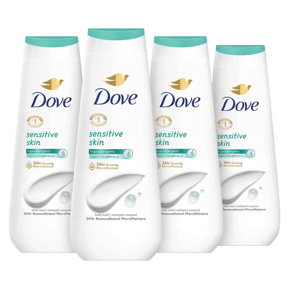 Dove body wash front packaging showing 4-count and 20 oz size, gentle care benefit