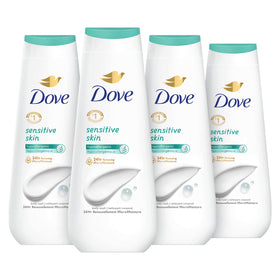 Dove body wash front packaging showing 4-count and 20 oz size, gentle care benefit