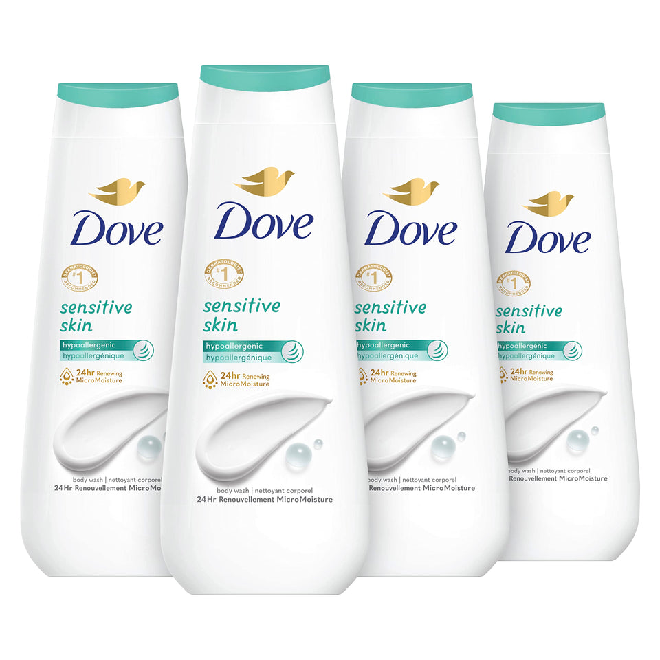 Dove body wash front packaging showing 4-count and 20 oz size, gentle care benefit