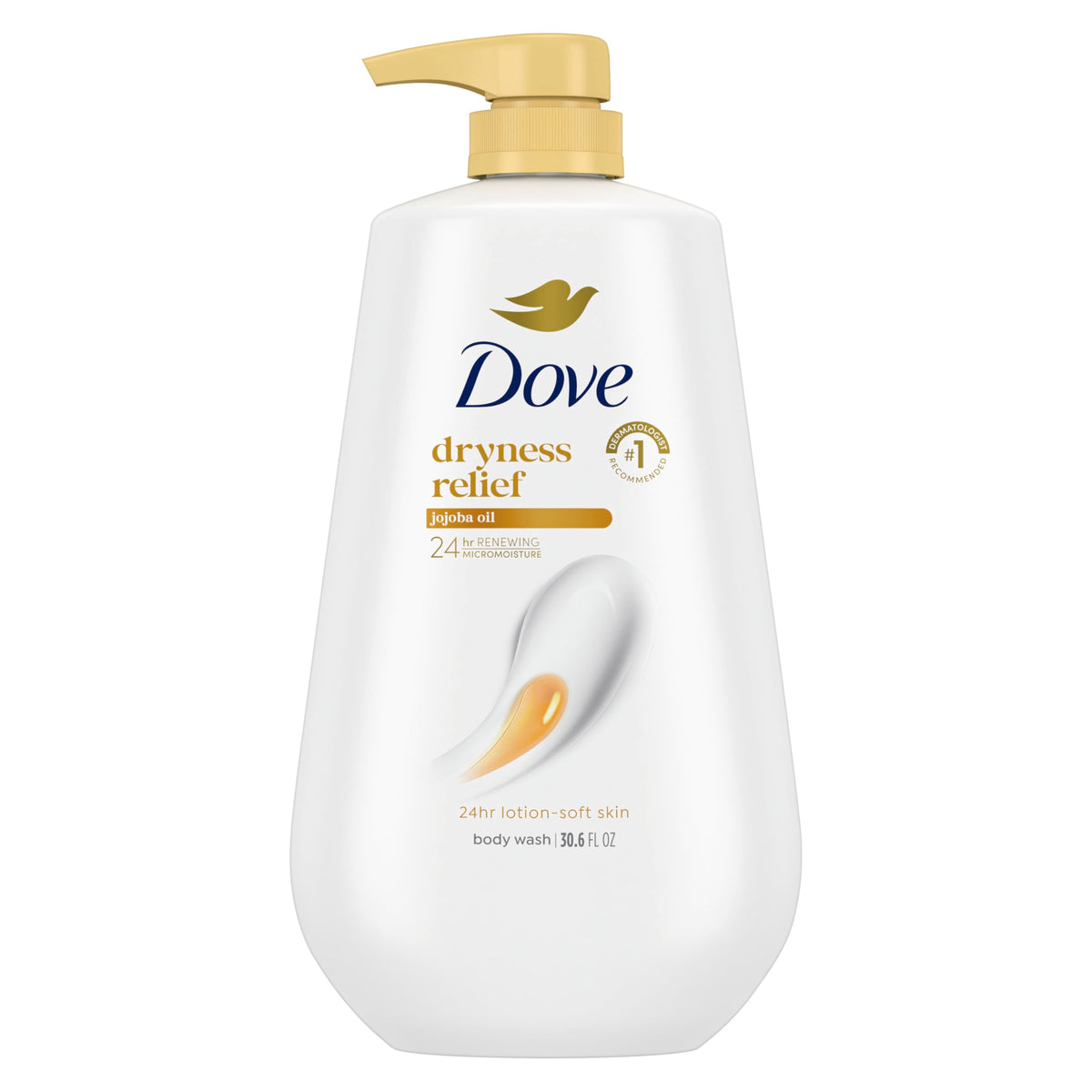 Dove body wash front pump bottle showing size and easy dispensing benefit