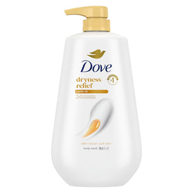 Dove body wash front pump bottle showing size and easy dispensing benefit