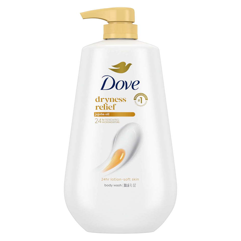 Dove body wash front pump bottle showing size and easy dispensing benefit