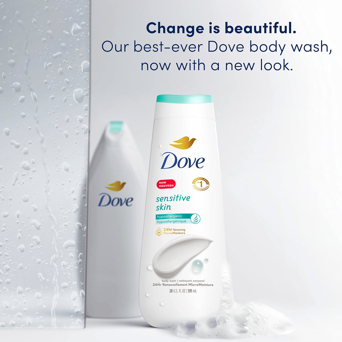Dove body wash label close-up highlighting hypoallergenic claim and ingredient note