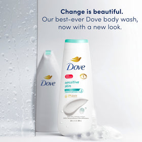 Dove body wash label close-up highlighting hypoallergenic claim and ingredient note